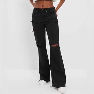 American Eagle Jeans Low Rise Baggy Flare Black Distressed Women’s Size 2 Reg